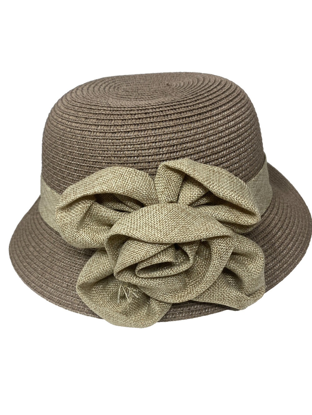 CC Exclusives Straw Cloche Bucket Sun Hat Brown Burlap Flower Accent One Size